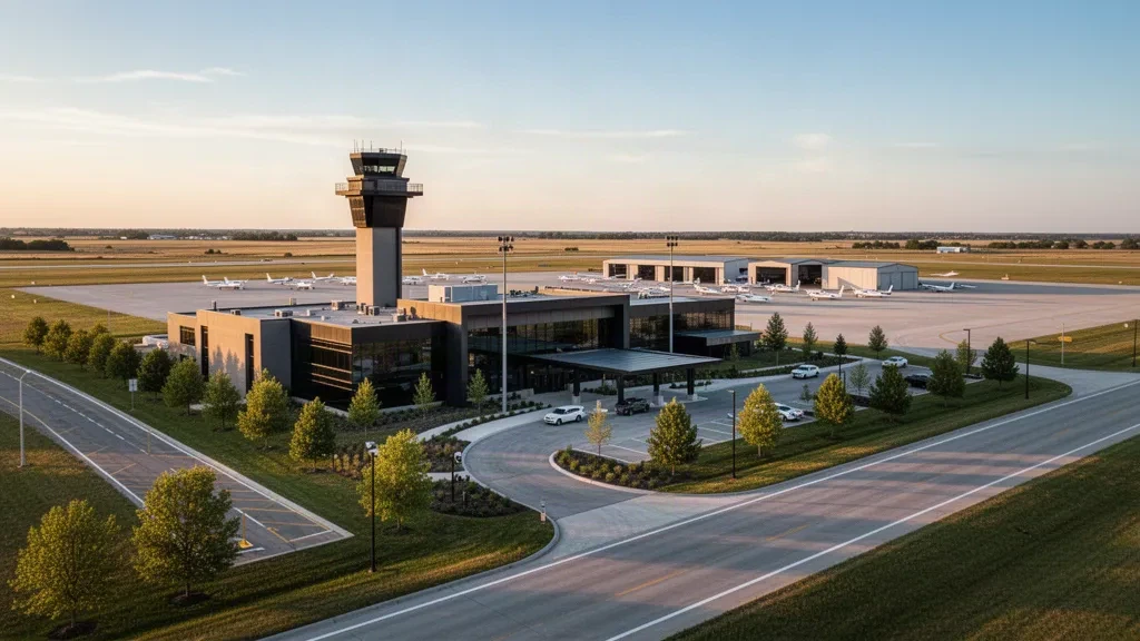 Moderno terminal per l'aviazione generale e torre di controllo all'aeroporto Lewis University di Romeoville, Illinois, con aerei da addestramento durante l'ora d'oro.