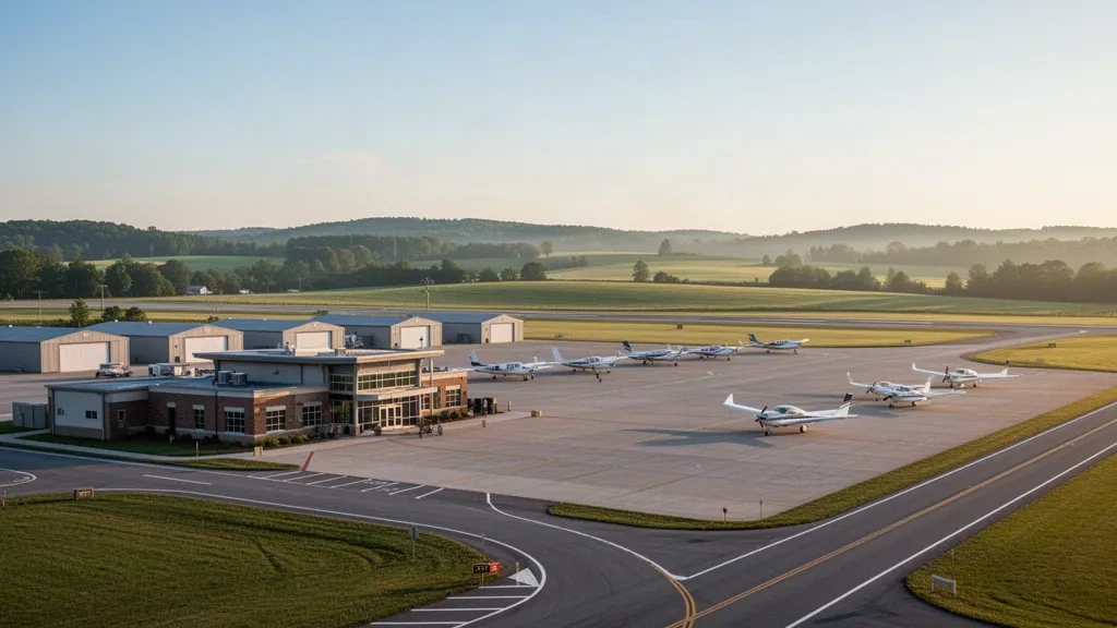Small terminal, hangars and a runway at Louisa County Airport in rural Virginia under golden light