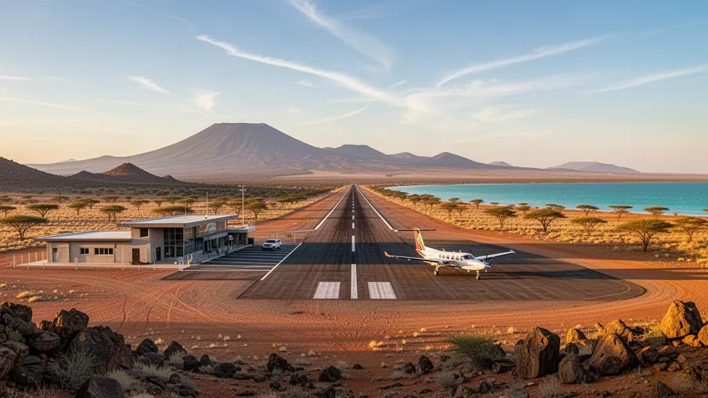 A small aircraft on the sunlit runway at Loiyangalani Airport in Kenya, with arid hills and Lake Turkana in the distance.