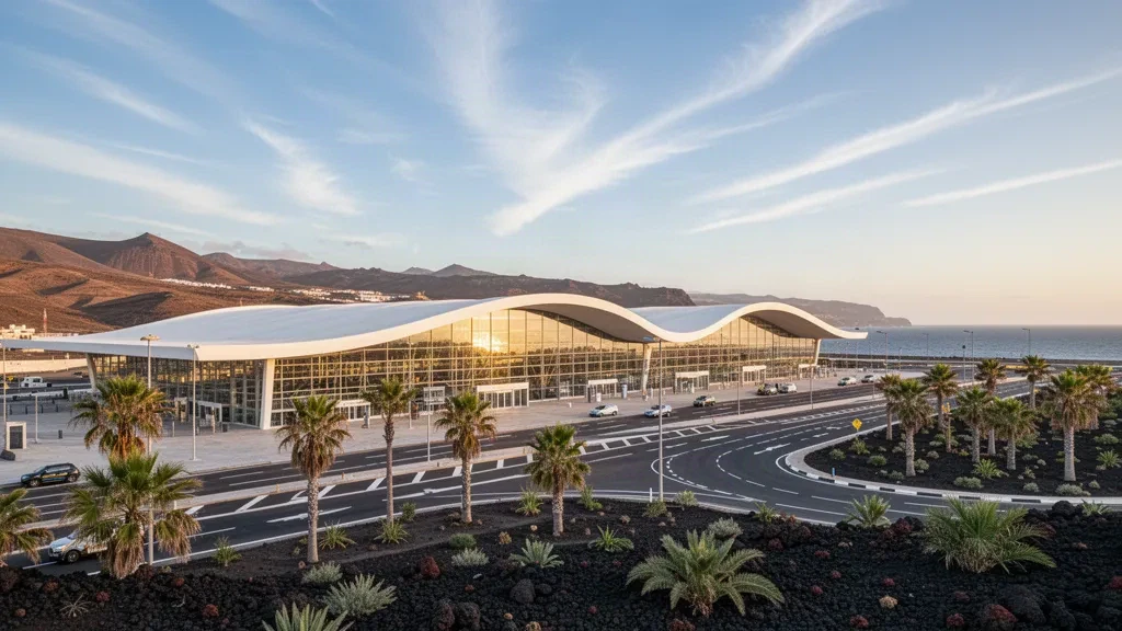 Golden hour view of Gran Canaria Airport's sweeping white terminal roof, glass facade and palm-lined access roads in Telde.