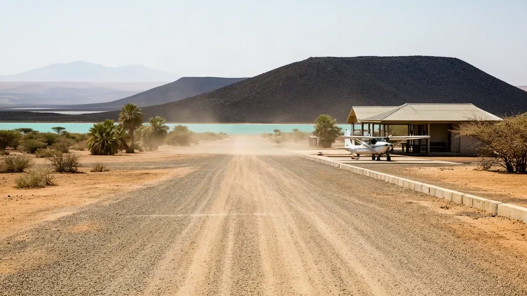 Remote gravel airstrip and small terminal shelter at Loiyangalani Airport beside Lake Turkana in northern Kenya