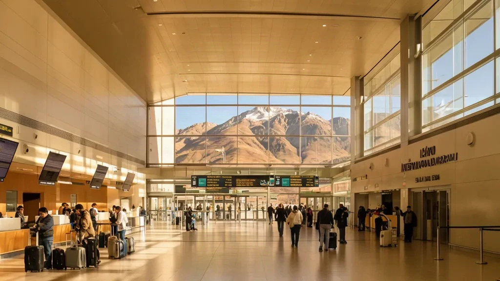 Interior espacioso de la terminal del Aeropuerto Internacional El Alto en La Paz, Bolivia, con viajeros y las montañas de los Andes visibles a través de grandes ventanales.