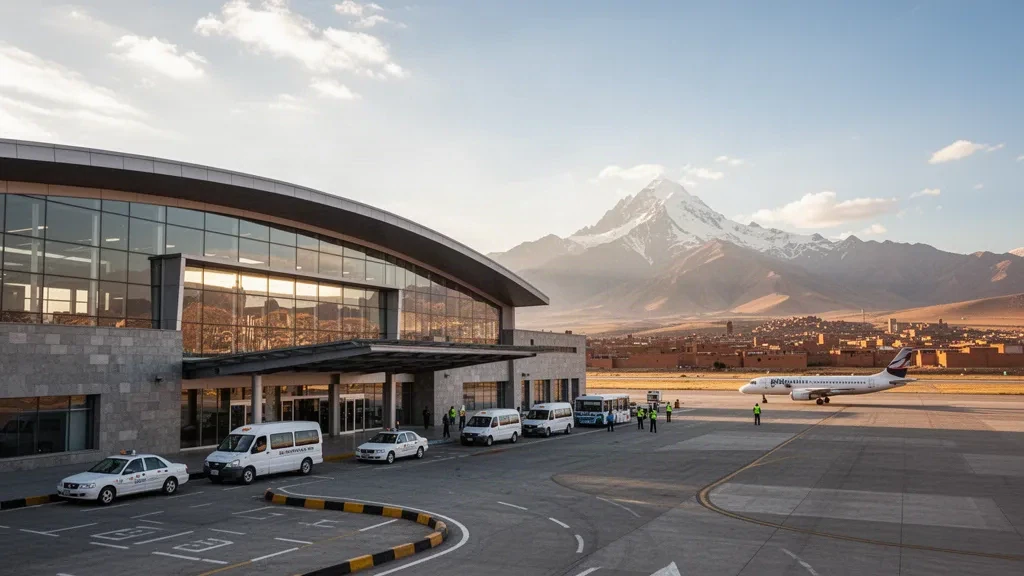 Moderno terminal in vetro dell'Aeroporto Internazionale El Alto a La Paz, Bolivia, con le Ande sullo sfondo e un jet sul piazzale all'ora d'oro.