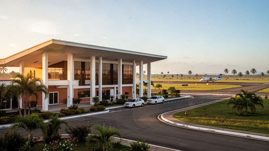 Modern terminal and runway at La Primavera Airport in Vichada, Colombia, surrounded by tropical savanna at golden hour.