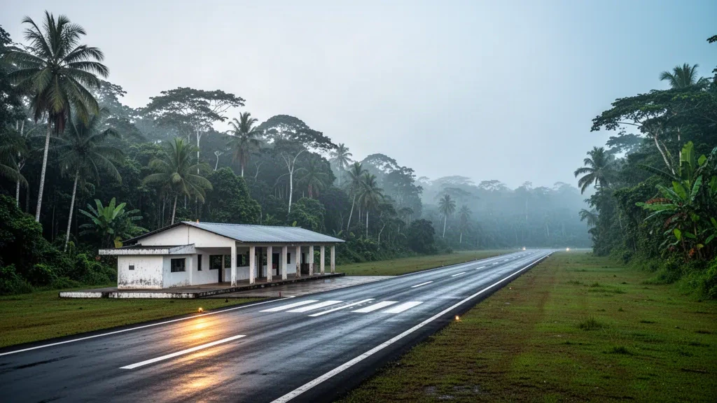 Kleine Regenwald-Landebahn und niedriges Terminalgebäude am Flughafen La Pedrera im kolumbianischen Amazonasgebiet bei Sonnenaufgang