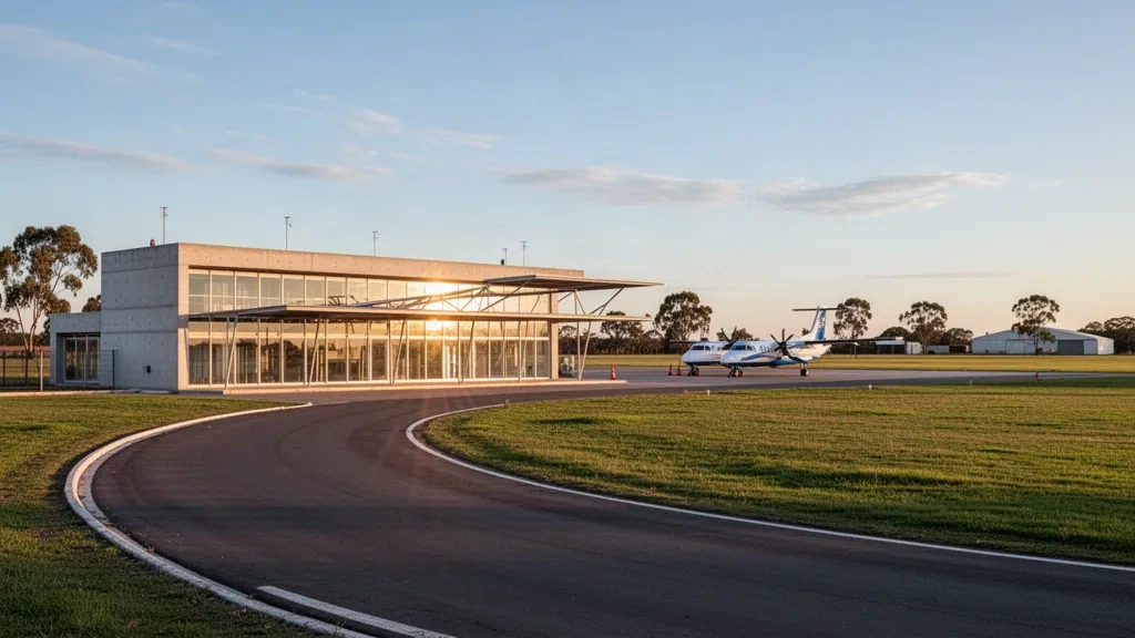 Modern low-rise terminal exterior at La Plata Airport in Argentina with glass facade, apron and golden-hour light