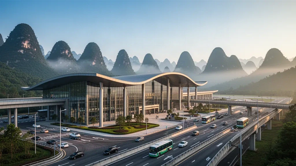 Esterno moderno del terminal dell'Aeroporto di Liupanshui Yuezhao con facciata in vetro, corsie per la sosta e le montagne nebbiose del Guizhou all'ora dorata.