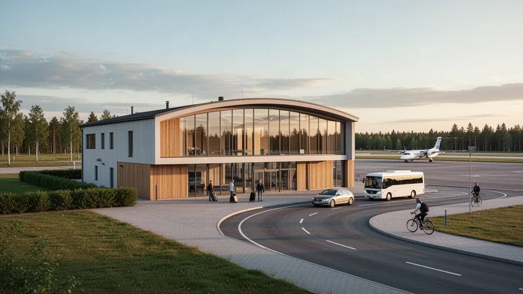 Esterno moderno in vetro del terminal dell'Aeroporto di Linköping City con corsie per la sosta, taxi e viaggiatori sotto un cielo nordico dorato