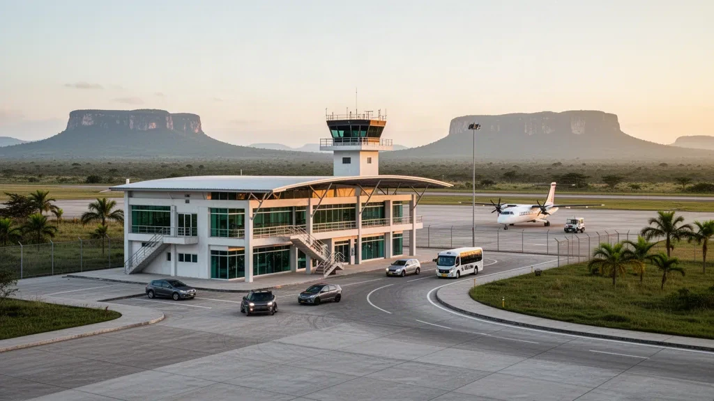Edificio de terminal bajo, plataforma y pista en el aeropuerto Armando Schwarck en Los Pijiguaos, Venezuela, bajo una cálida luz de sabana tropical