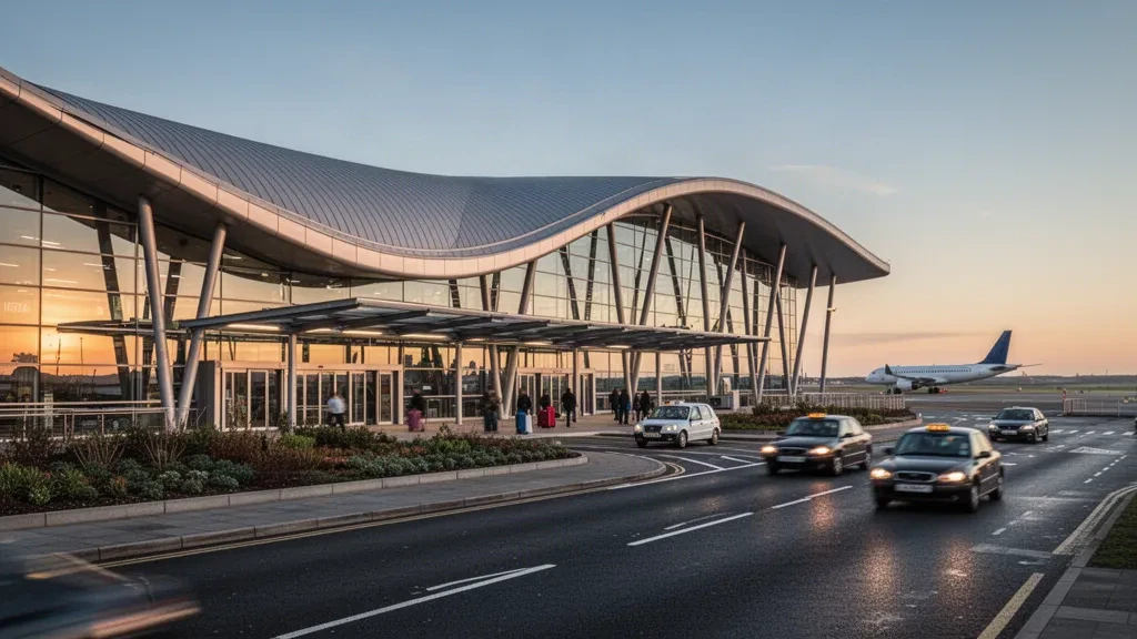 Exterior moderno de terminal de cristal en el aeropuerto Liverpool John Lennon con tejado curvo, carriles de descenso y un avión al atardecer