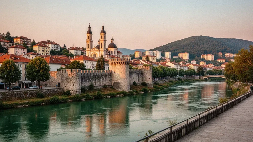 Murs de pierre de la forteresse de Kastel au bord de la rivière Vrbas à Banja Luka, Republika Srpska, à l'heure dorée