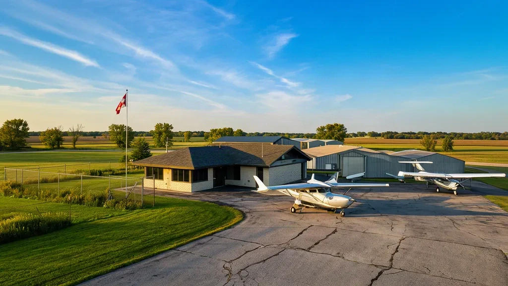 Einmotoriges Flugzeug auf dem Vorfeld neben dem kleinen Terminalgebäude am La Porte Municipal Airport in Indiana