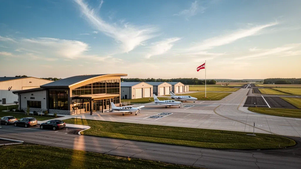 Plataforma de aviación general, hangares y terminal moderna en el Aeropuerto Municipal de La Porte, en Indiana, durante una cálida luz de hora dorada