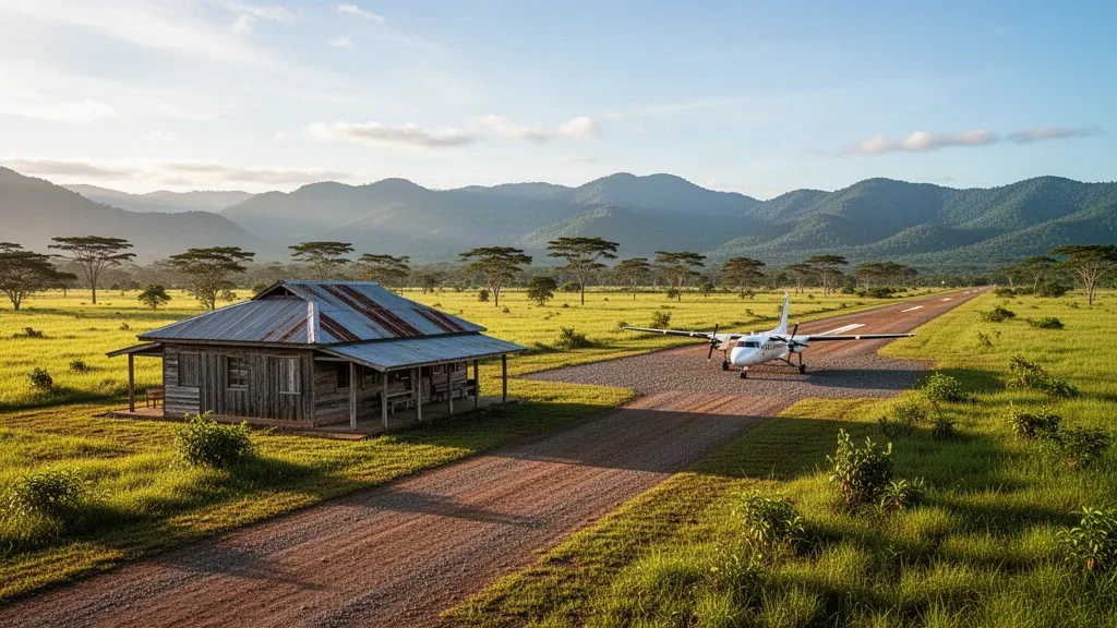 Vue à l'heure dorée de la piste rurale de l'aéroport de Leron Plains en Papouasie-Nouvelle-Guinée, avec des plaines verdoyantes et des crêtes montagneuses au loin