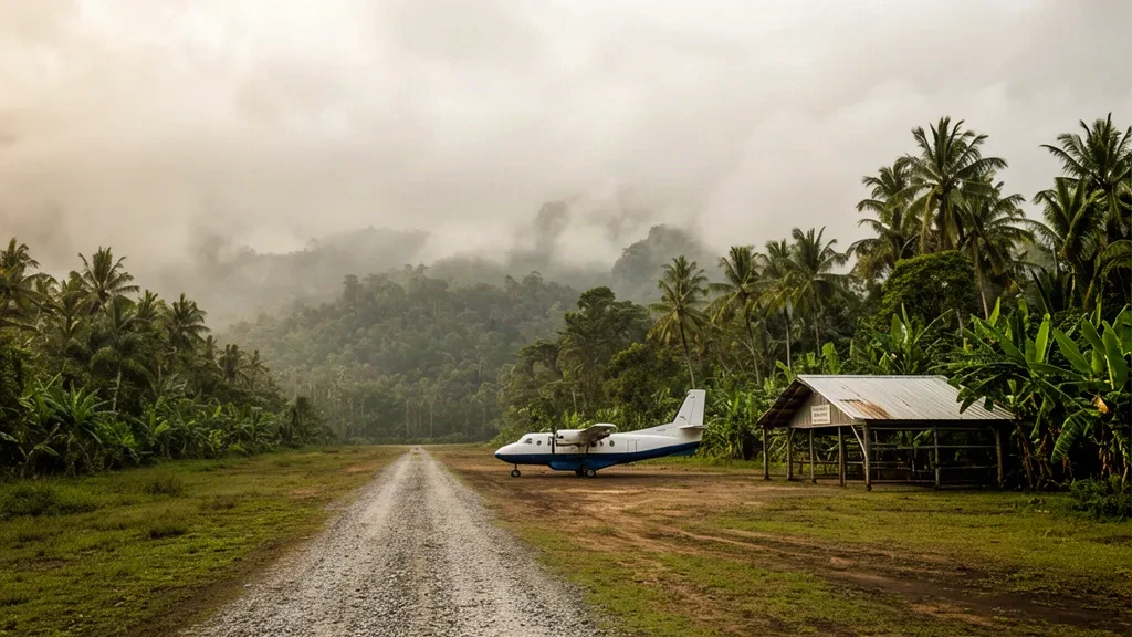 Pista remota in ghiaia e foresta tropicale intorno all'aeroporto di Leron Plains (LPN) in Papua Nuova Guinea sotto un cielo coperto