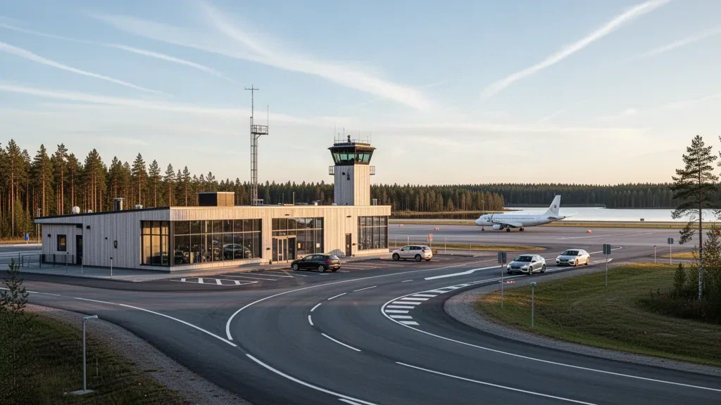 Glass and timber terminal building at Lappeenranta Airport in Finland, with access road, apron and pine forest in soft golden light