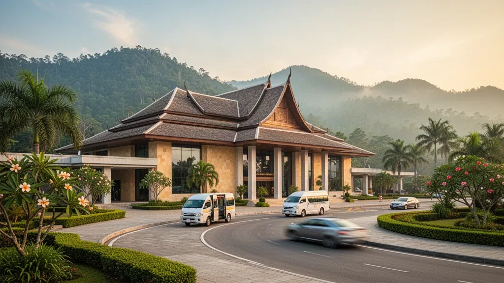 Low-rise terminal of Luang Prabang International Airport in Laos with tropical landscaping and misty mountains at golden hour
