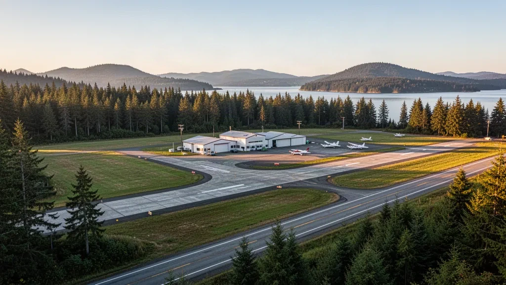 Pequeña pista de aviación general y bosque de hoja perenne en el aeropuerto de Lopez Island, Washington, a la hora dorada.