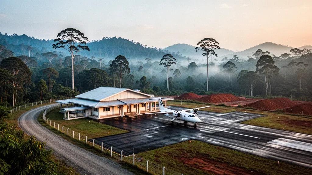 Remote rainforest airstrip and small terminal at Long Apung Airport in North Kalimantan, Borneo, under misty morning light