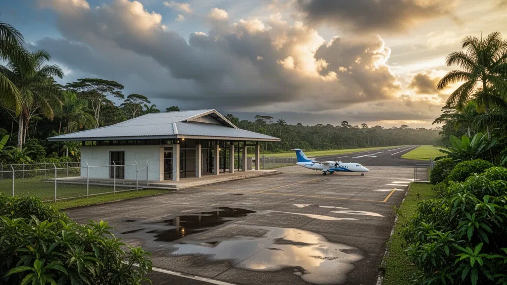Small tropical terminal and runway at Caucaya Airport in Puerto Leguízamo, Colombia, surrounded by Amazon rainforest at golden hour