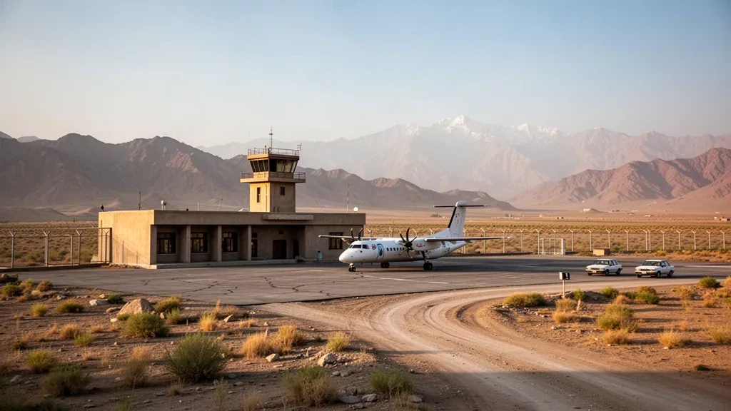 Petit terminal et montagnes arides en arrière-plan à l'aéroport de Qala-i-Naw, dans la province de Badghis, en Afghanistan, sous la lumière chaude de fin d'après-midi.