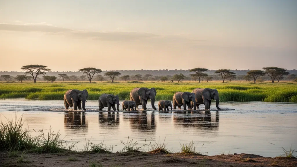 Elefanti africani che guadano il fiume Chobe in Botswana durante l'ora d'oro, con pianure alluvionali verdi e alberi di acacia in lontananza sullo sfondo
