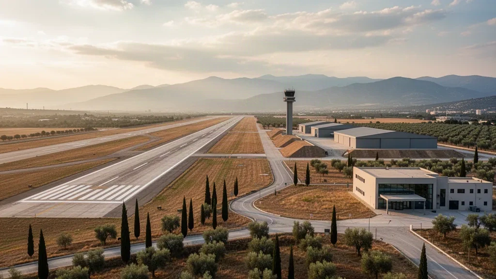 Weitwinkelansicht des Militärflugplatzes Larissa in Thessalien, Griechenland, mit Start- und Landebahn, Kontrollturm und Hangars in der Ebene zur goldenen Stunde