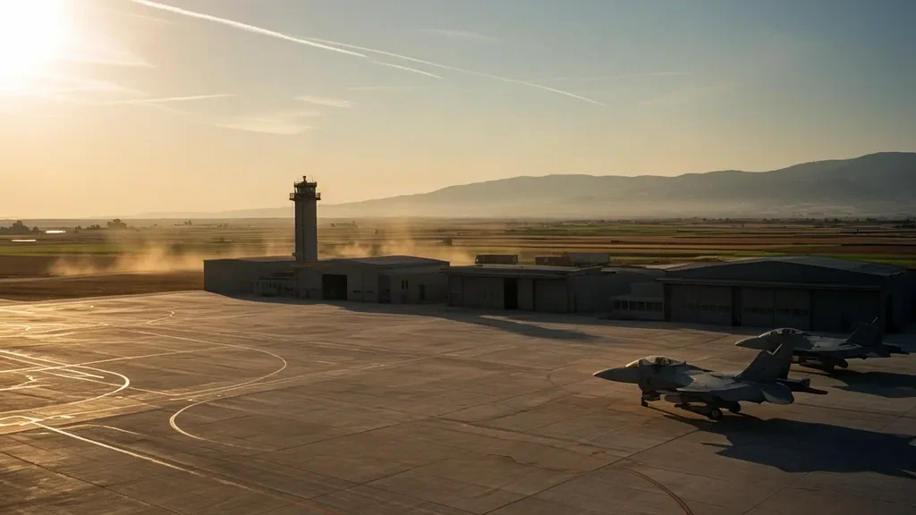 Caccia grigi parcheggiati sul piazzale in cemento illuminato dal sole della Base Aerea di Larissa in Grecia, con hangar e montagne in lontananza durante l'ora d'oro.