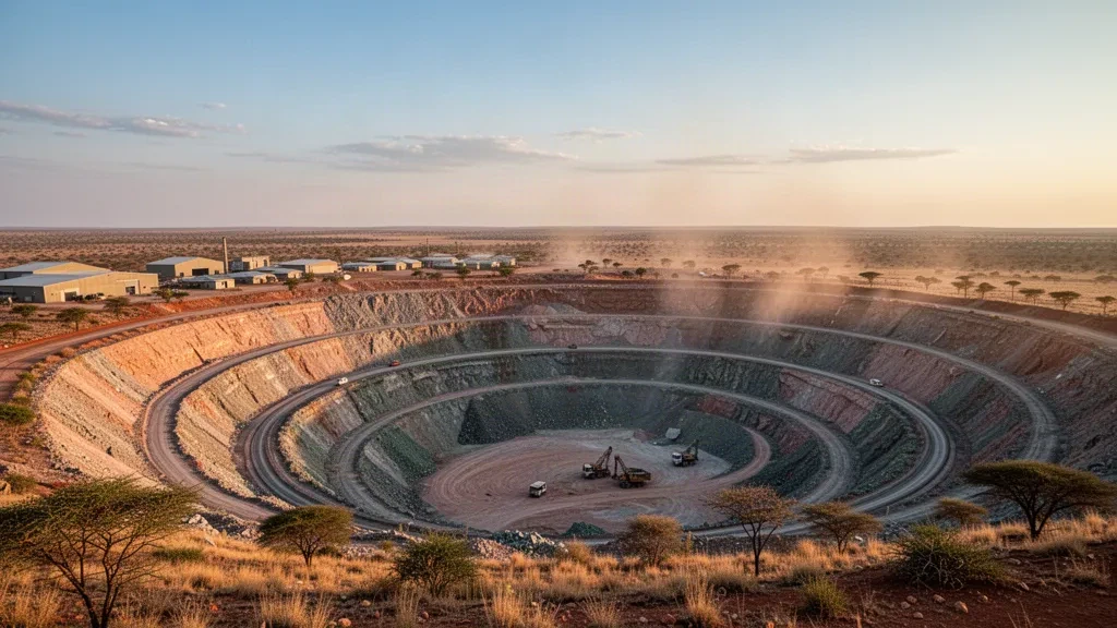 Miniera di diamanti a cielo aperto a terrazze circondata dalla savana del Kalahari ed edifici della città mineraria a Jwaneng, Botswana, in una calda luce dorata