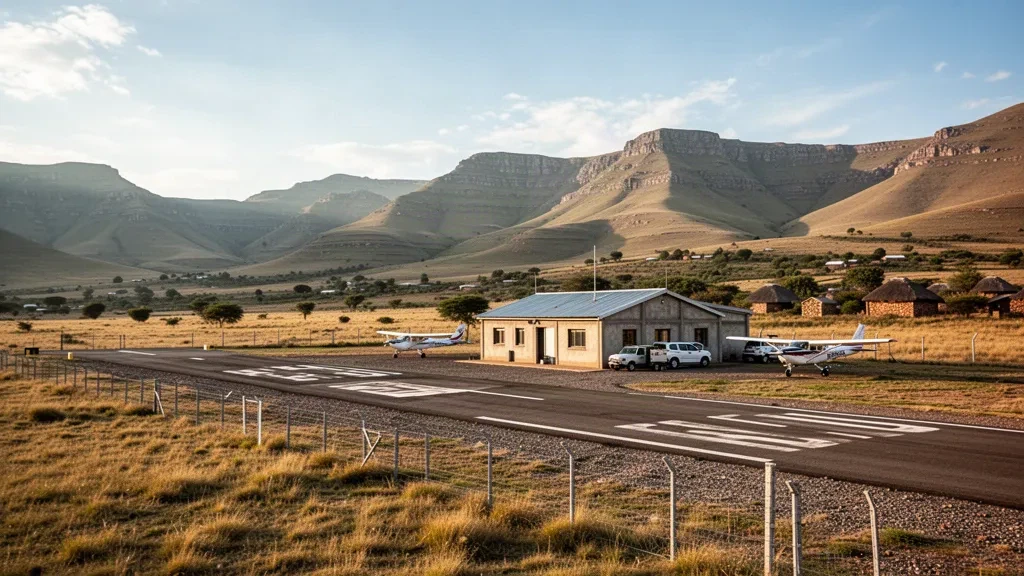 Piccola pista di atterraggio rurale dell'Aeroporto di Leribe sugli altopiani del Lesotho, incorniciata da montagne stratificate sotto la calda luce del tardo pomeriggio.