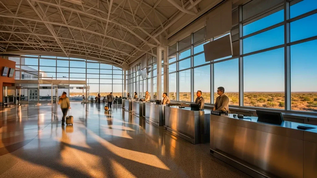 Sonnenbeschienenes Passagierterminal-Interieur am Laredo International Airport mit Check-in-Schaltern, polierten Böden und Glaswänden