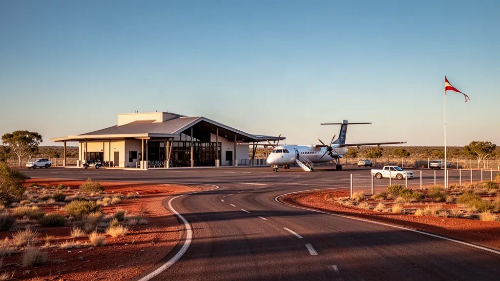 Terminal et tarmac de l'aéroport de Longreach dans l'outback du Queensland, avec un turbopropulseur régional sous un large ciel doré