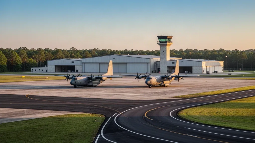 Military transport aircraft parked on the airfield apron at Little Rock Air Force Base in Arkansas during golden hour