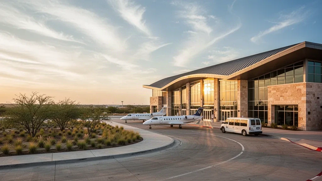Bâtiment terminal moderne en verre et voies de dépose à l'aéroport international de Laredo, dans le sud du Texas, à l'heure dorée