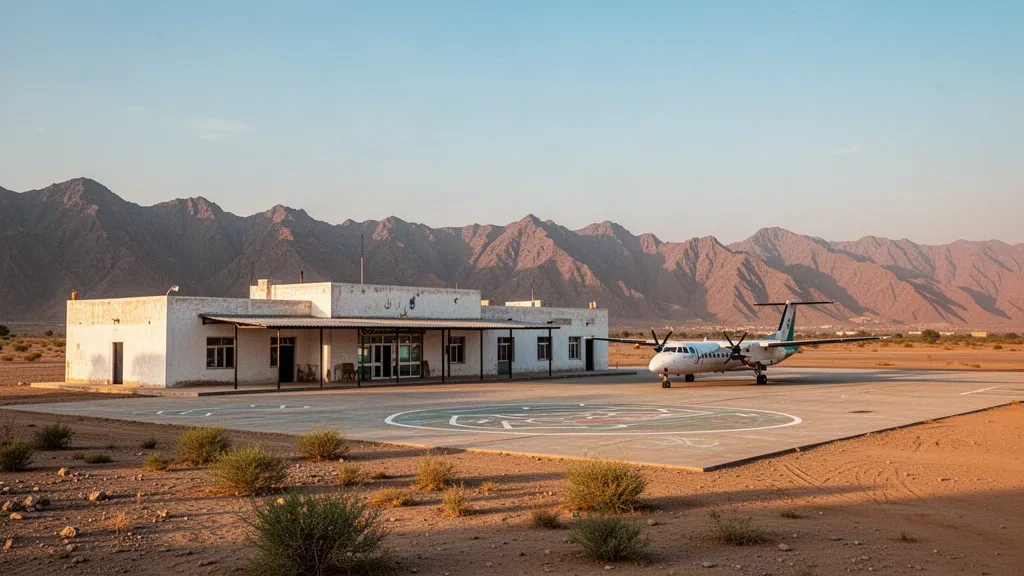 Terminal bajo encalado y plataforma polvorienta en el aeropuerto de Loralai, en Baluchistán, con montañas áridas al fondo bajo la cálida luz de la tarde.