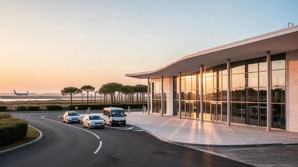 Terminal moderna de cristal y carril de descenso en el Aeropuerto de La Rochelle Île de Ré con la cálida luz dorada de la costa al atardecer