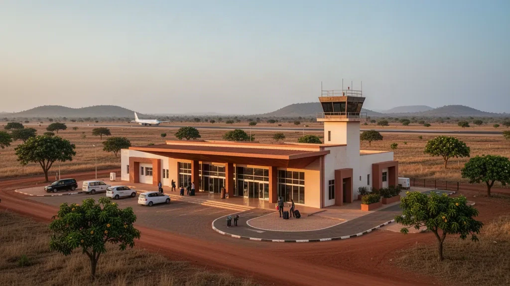 Golden-hour view of Niamtougou International Airport in Togo, showing its low-rise terminal, drop-off lane and apron against northern savanna.