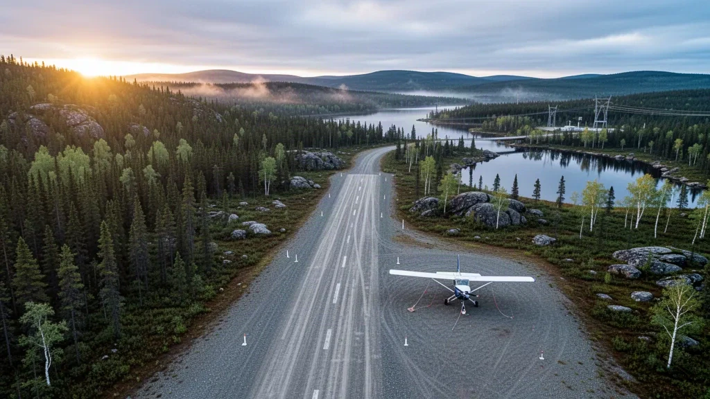 Abgelegene Schotterpiste in der Nähe des Laurie River Airport in Nord-Manitoba, umgeben von borealem Wald und einem ruhigen See zur goldenen Stunde