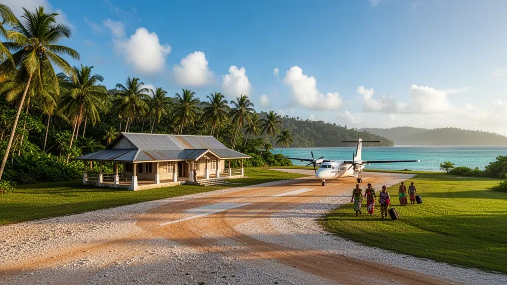 Tropical island airstrip at Losuia Airport on Kiriwina Island, Papua New Guinea, with a small terminal and palm-lined runway at golden hour.