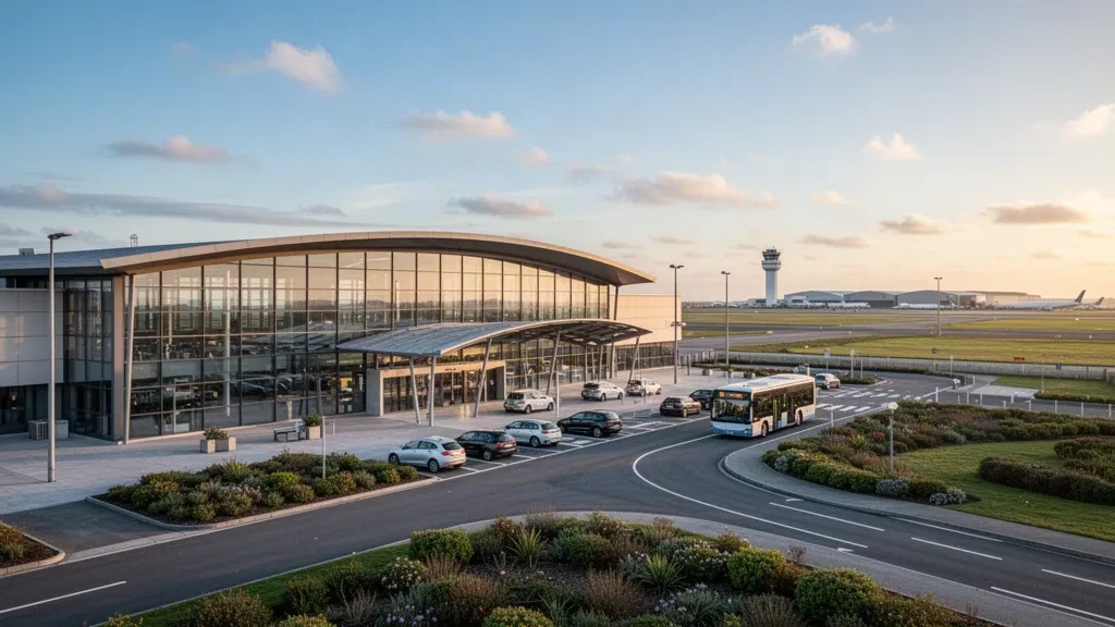 Terminal moderna de cristal y zona de descenso en el aeropuerto de Lorient Bretaña Sur, en Bretaña, Francia, a la hora dorada.