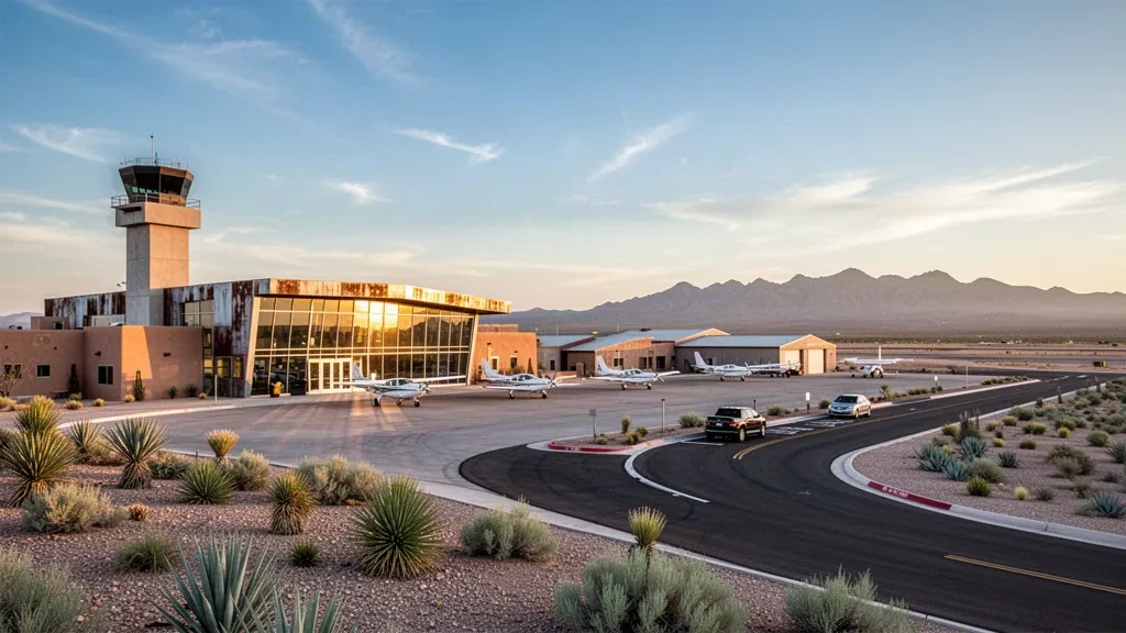 Terminal de faible hauteur et tour de contrôle à l'aéroport international de Las Cruces avec aménagement paysager désertique et montagnes au loin à l'heure dorée