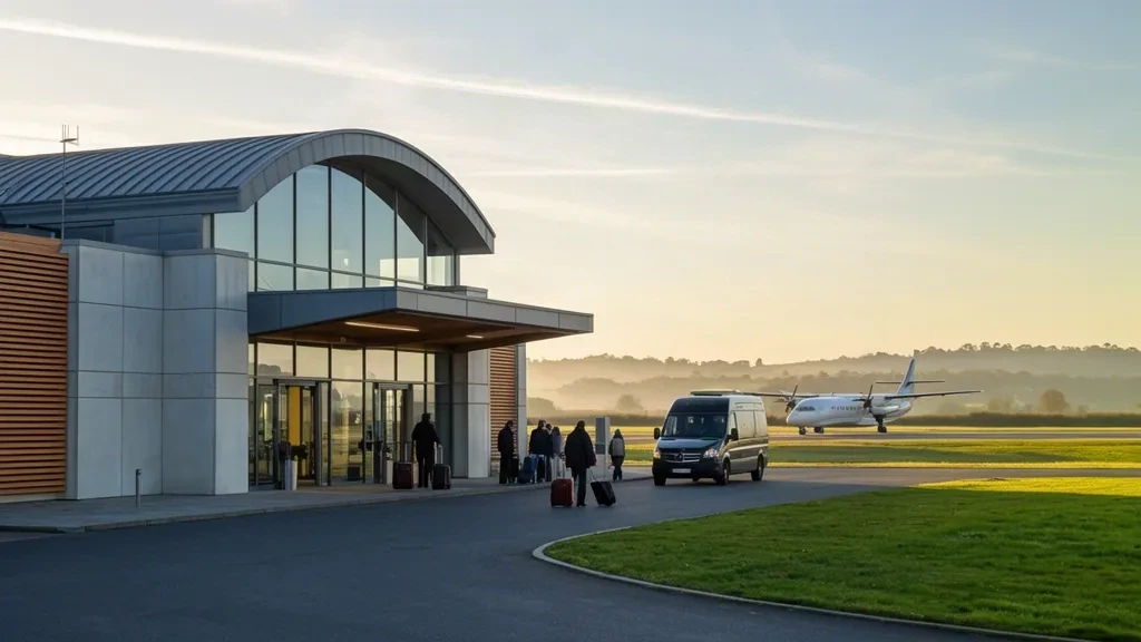 Brittany, Fransa'daki Lorient Güney Brittany Havalimanı'nda (LRT) sıcak altın saat ışığında modern cam terminal dış görünümü