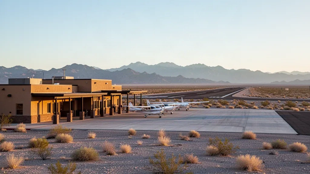 Small desert terminal and parked light aircraft at Lordsburg Municipal Airport in New Mexico under a warm high-desert sky