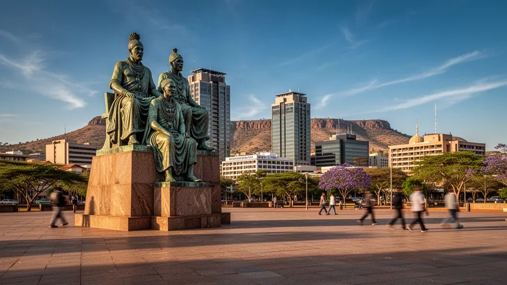 Statues en bronze du monument des Trois Dikgosi avec les gratte-ciel de Gaborone en arrière-plan à l'heure dorée dans le district du Sud-Est au Botswana
