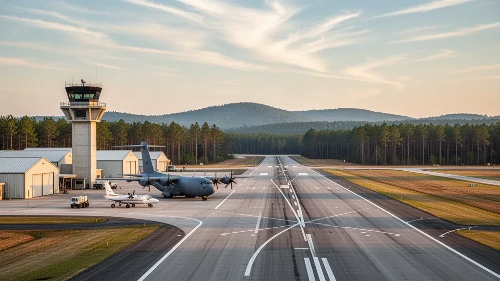 Weitwinkelansicht der Start- und Landebahn des Lawson Army Air Field, des Kontrollturms und abgestellter militärischer Transportflugzeuge in Fort Moore, Georgia, bei warmem Nachmittagslicht