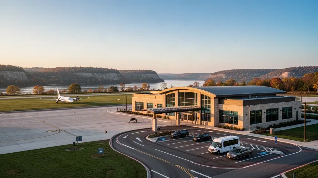 Exterior moderno de terminal de cristal en el aeropuerto regional de La Crosse, en French Island, con carriles de recogida en la acera y acantilados fluviales al fondo