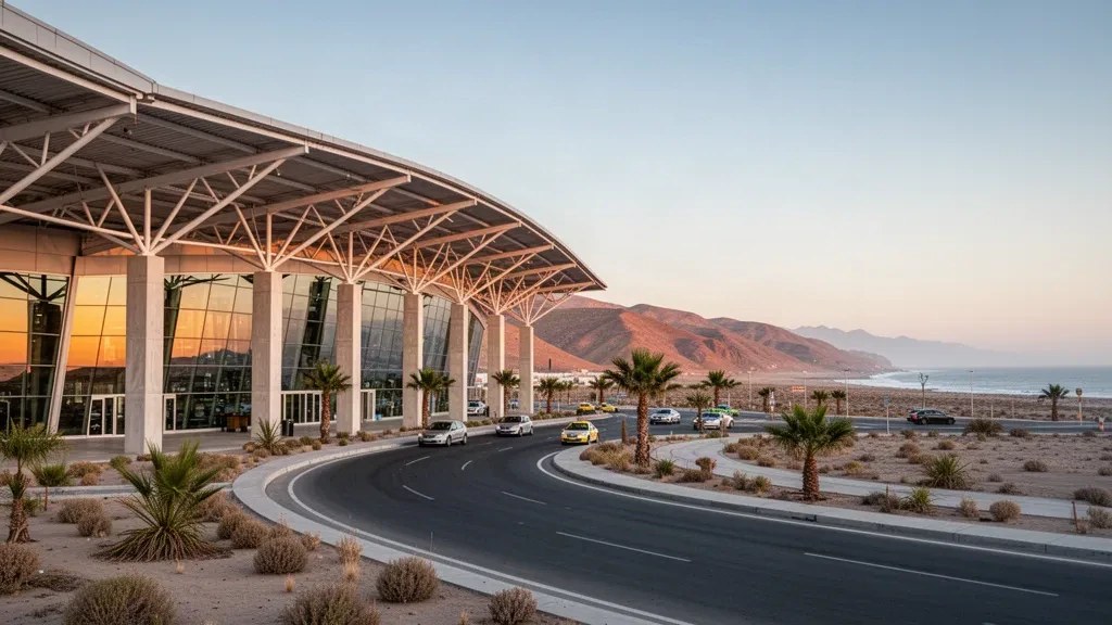 Esterno moderno del terminal in vetro e corsie di sosta all'Aeroporto La Florida a La Serena, Cile, fotografati durante l'ora d'oro con le colline desertiche costiere sullo sfondo