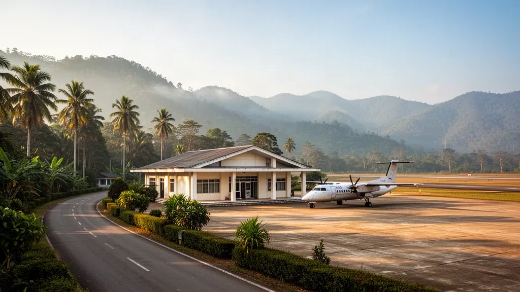 Small regional terminal, apron and green hills at Lashio Airport in Shan State, Myanmar, in soft golden morning light.