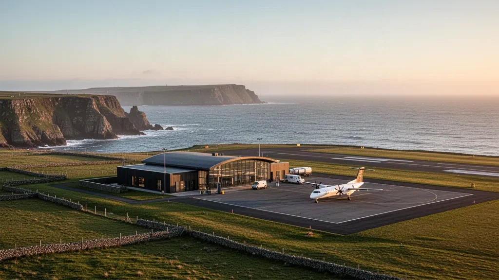 Sumburgh Airport terminal and apron on the windswept Shetland coast at golden hour, with sea cliffs and the North Atlantic beyond