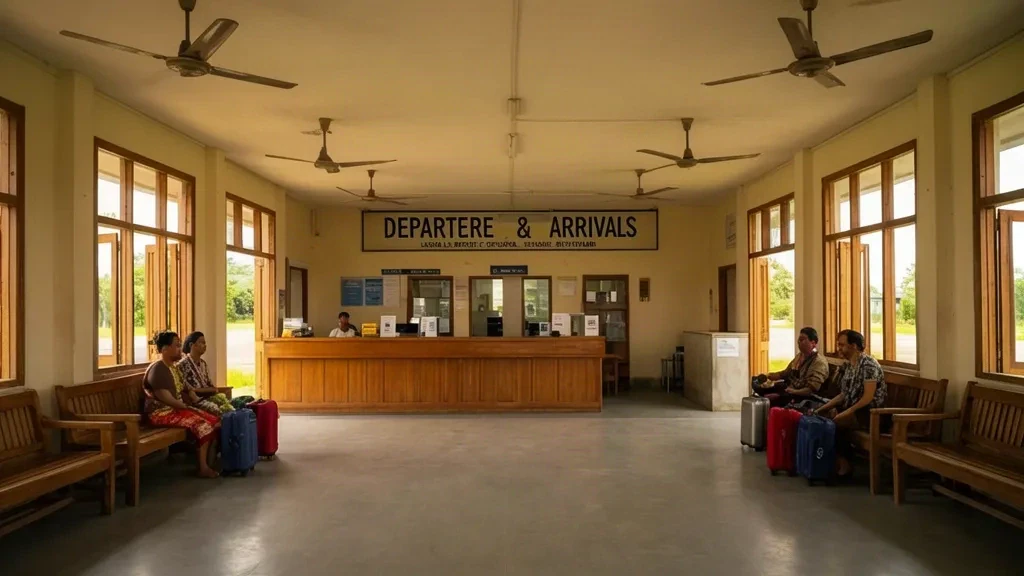 Vue intérieure du terminal de l'aéroport de Lashio dans l'État de Shan, au Myanmar, montrant la zone d'enregistrement et le hall d'attente avec des bancs en bois et une lumière naturelle.